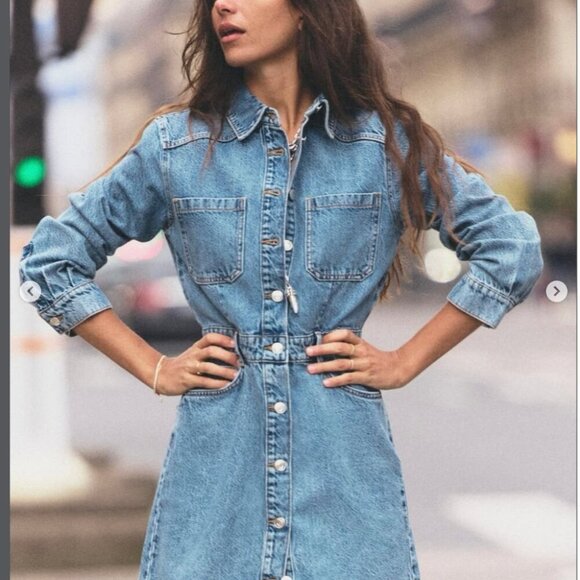 Zara Denim Mini Dress Long Sleeves Size Large Blogger Favorite - Picture 2 of 8
